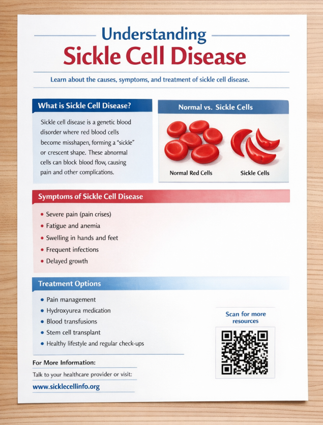 handout design here: includes QR code, doctor intro, and condition overview