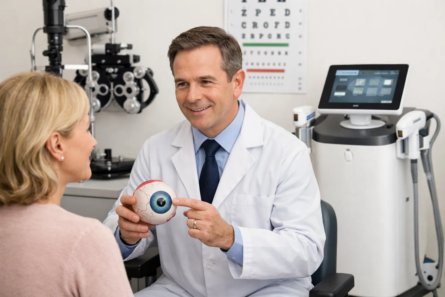 Doctor consulting with patient in exam room, medical device visible
