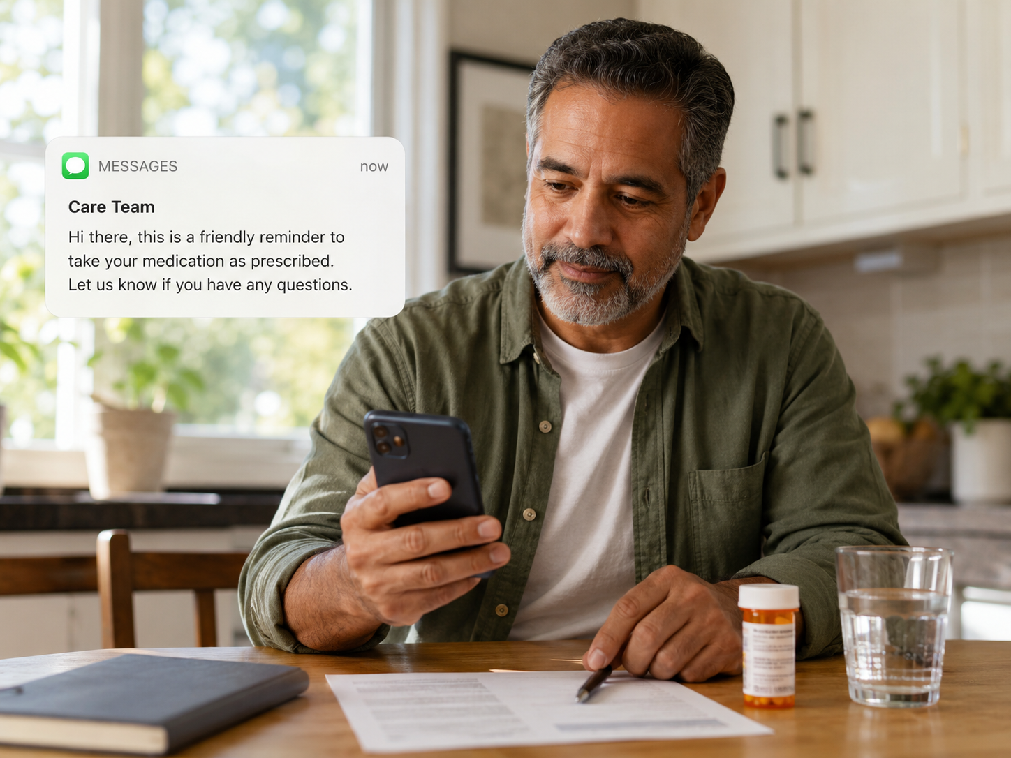 Patient sitting at the table at home, looking at a message from the Care Team, reminding the patient to take their medicine. On the table, there is a notebook, paper, pen, medicine bottle and a glass of water. The patient is sitting in their kitchen.