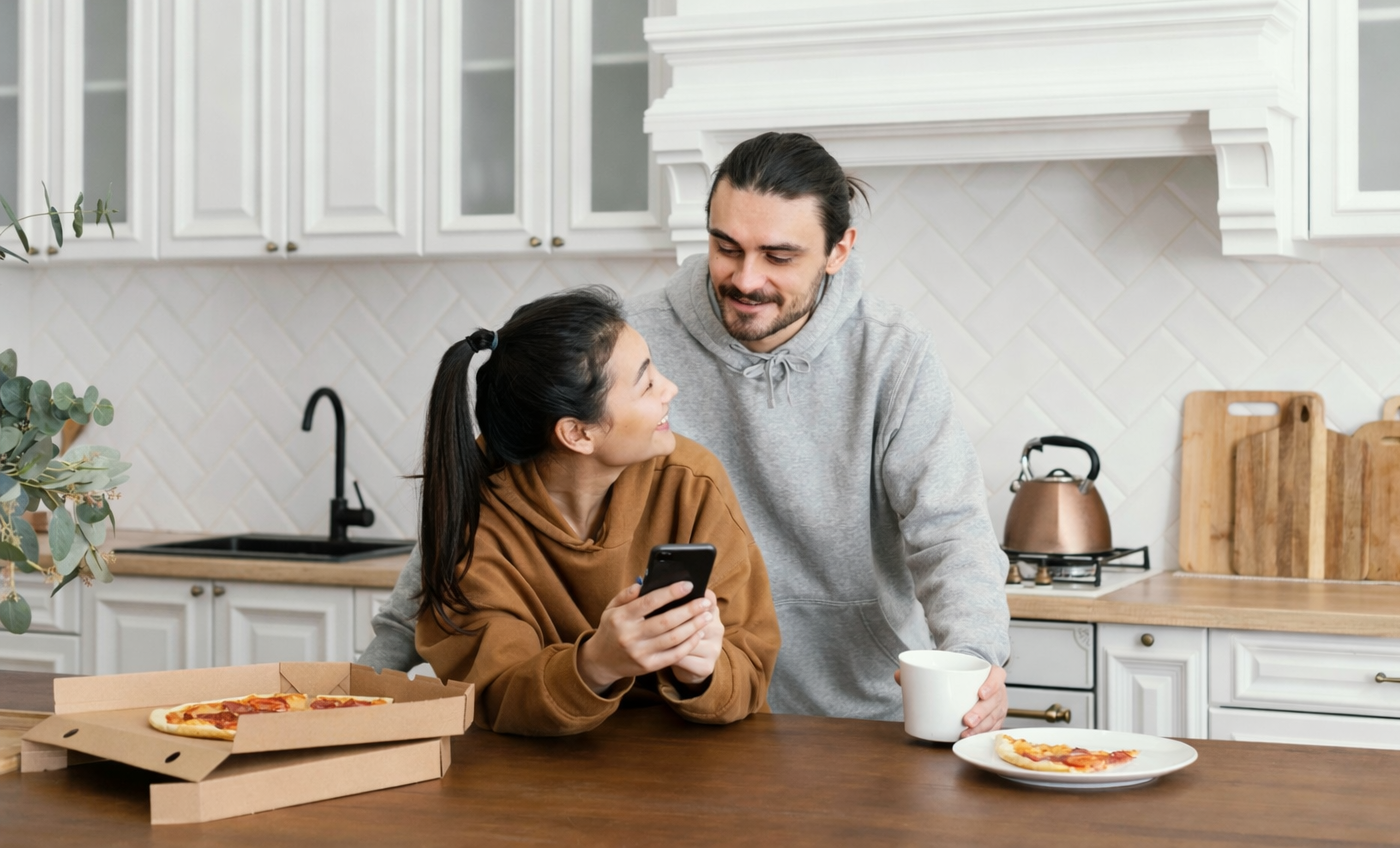 Couple at the kitchen table looking at their phone together
