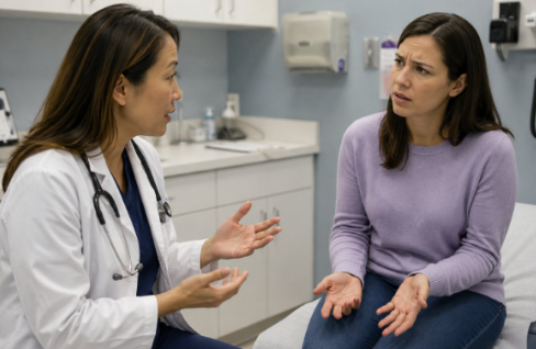 A doctor reviewing treatment information on a tablet with a hesitant patient in a clinic