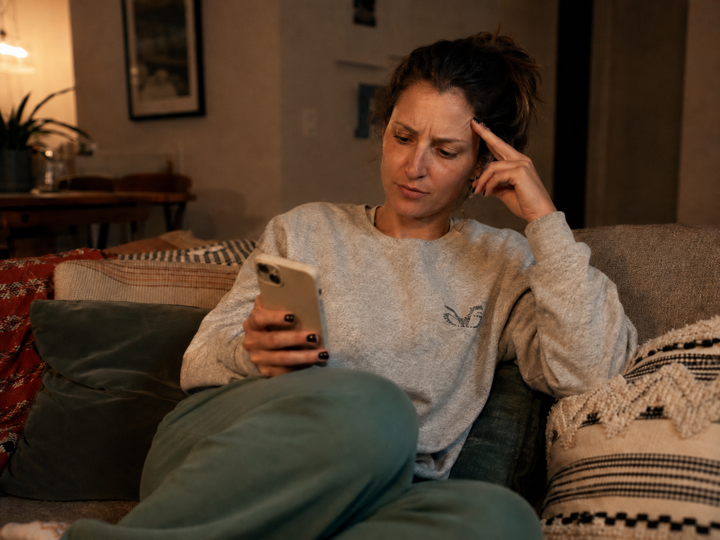 A woman at home in the evening, looking at her phone with an uncertain expression