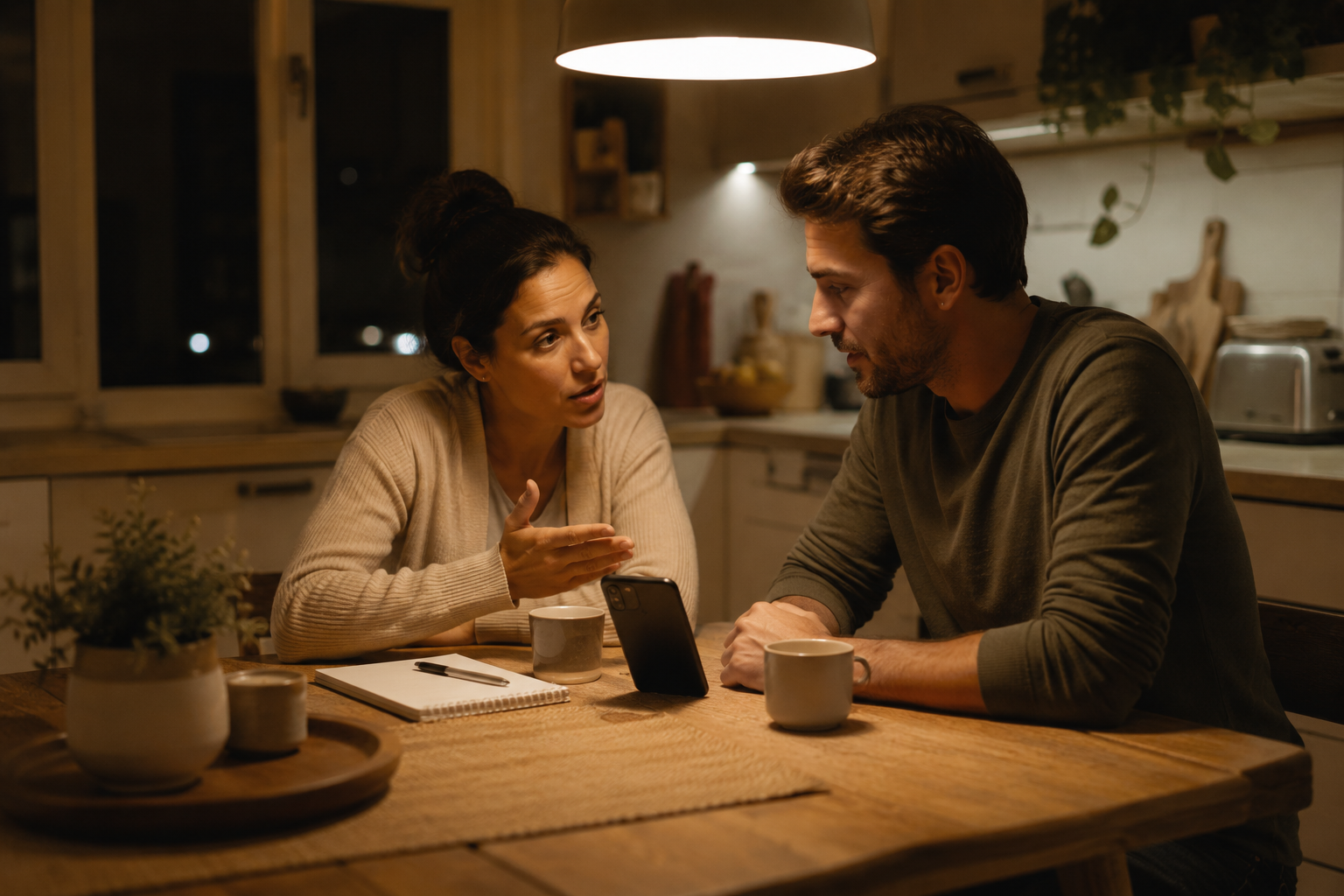 A couple at their kitchen table in the evening, discussing something on a phone