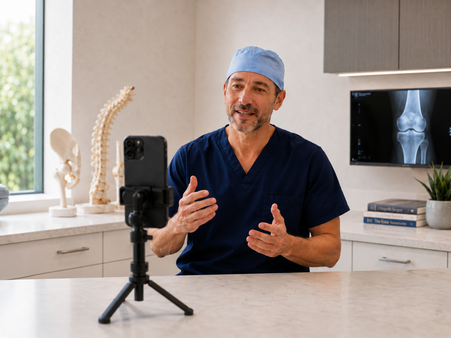 A surgeon in scrubs recording a video on a phone tripod in a bright exam room